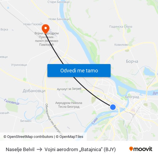 Naselje Belvil to Vojni aerodrom „Batajnica” (BJY) map