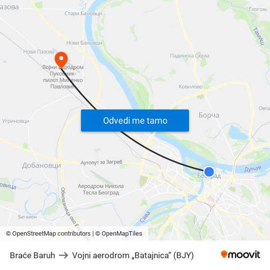 Braće Baruh to Vojni aerodrom „Batajnica” (BJY) map