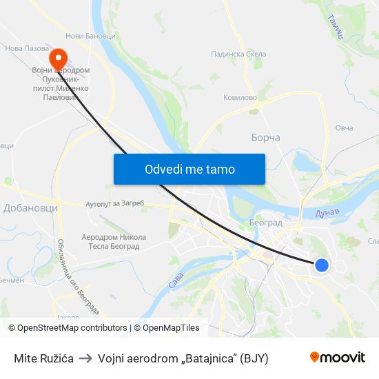 Mite Ružića to Vojni aerodrom „Batajnica” (BJY) map