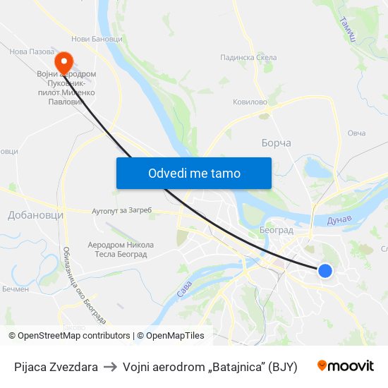 Pijaca Zvezdara to Vojni aerodrom „Batajnica” (BJY) map