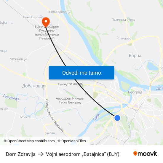 Dom Zdravlja to Vojni aerodrom „Batajnica” (BJY) map