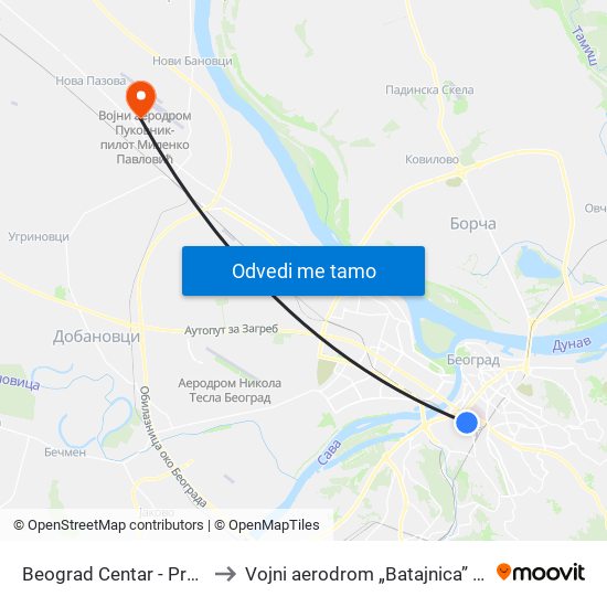 Beograd Centar - Prokop to Vojni aerodrom „Batajnica” (BJY) map