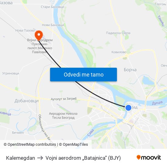 Kalemegdan to Vojni aerodrom „Batajnica” (BJY) map