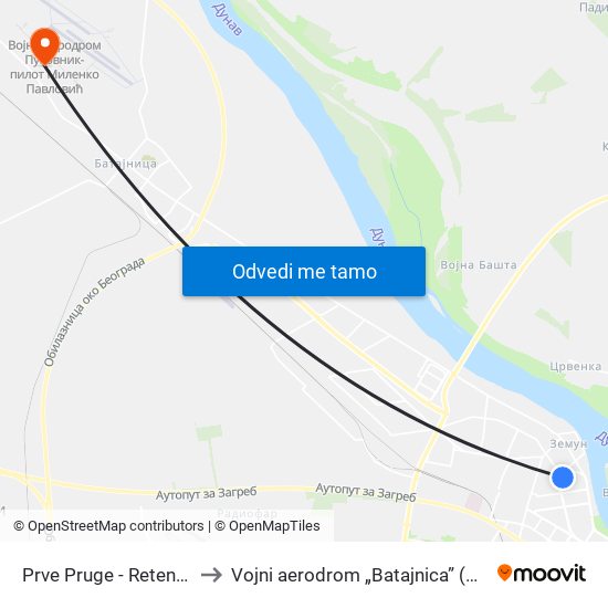 Prve Pruge - Retenzija to Vojni aerodrom „Batajnica” (BJY) map