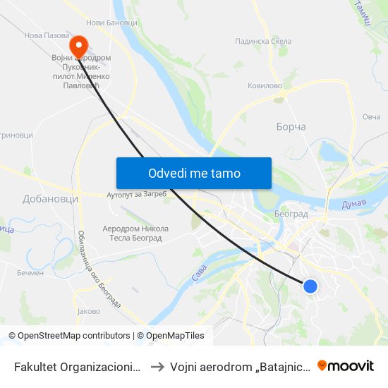 Fakultet Organizacionih Nauka to Vojni aerodrom „Batajnica” (BJY) map