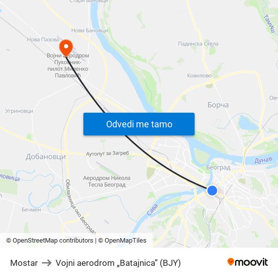 Mostar to Vojni aerodrom „Batajnica” (BJY) map