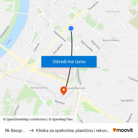 Rk Beograđanka to Klinika za opekotine, plastičnu i rekonstruktivnu hirurgiju map