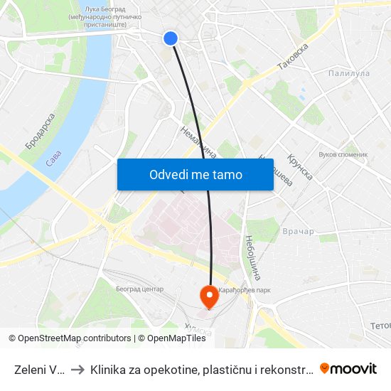 Zeleni Venac to Klinika za opekotine, plastičnu i rekonstruktivnu hirurgiju map