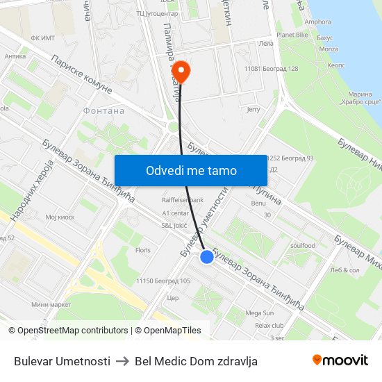 Bulevar Umetnosti to Bel Medic Dom zdravlja map