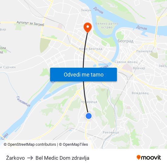 Žarkovo to Bel Medic Dom zdravlja map