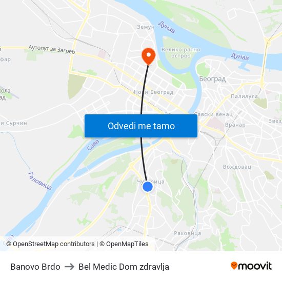 Banovo Brdo to Bel Medic Dom zdravlja map