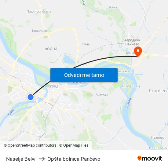 Naselje Belvil to Opšta bolnica Pančevo map