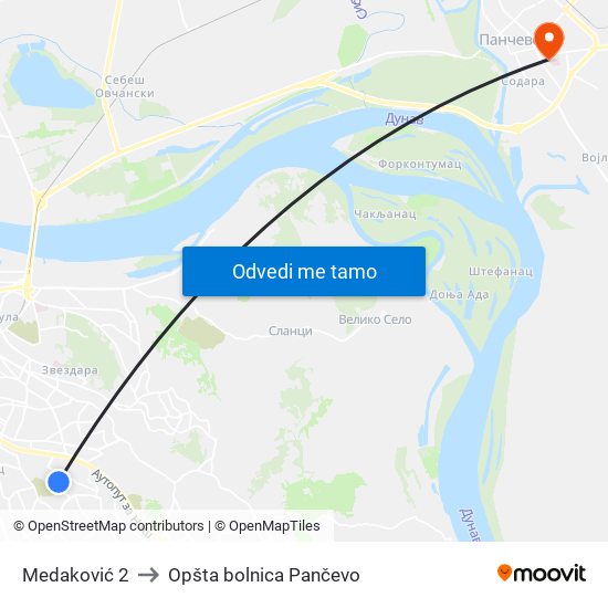 Medaković 2 to Opšta bolnica Pančevo map