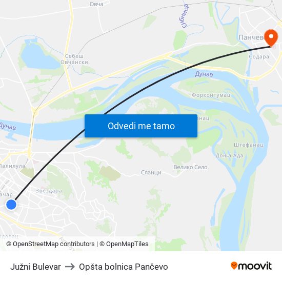 Južni Bulevar to Opšta bolnica Pančevo map
