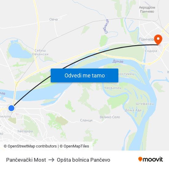 Pančevački Most to Opšta bolnica Pančevo map