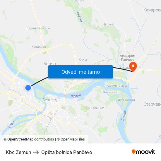 Kbc Zemun to Opšta bolnica Pančevo map