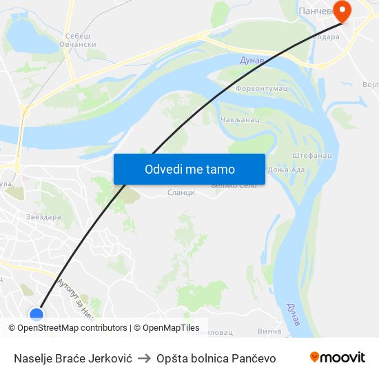 Naselje Braće Jerković to Opšta bolnica Pančevo map