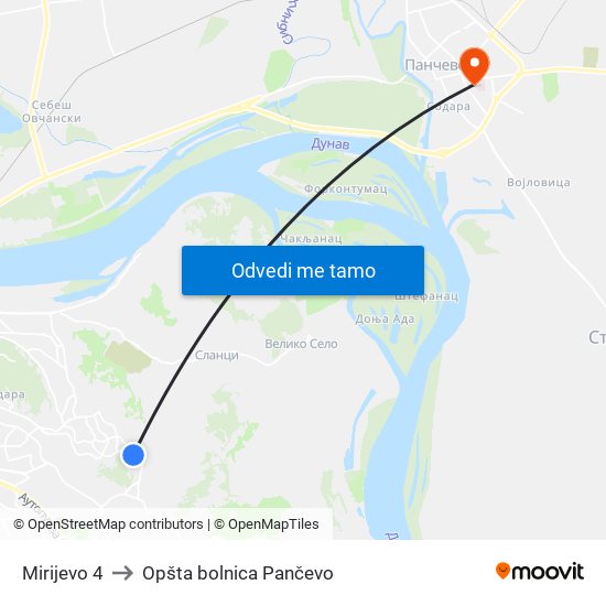 Mirijevo 4 to Opšta bolnica Pančevo map