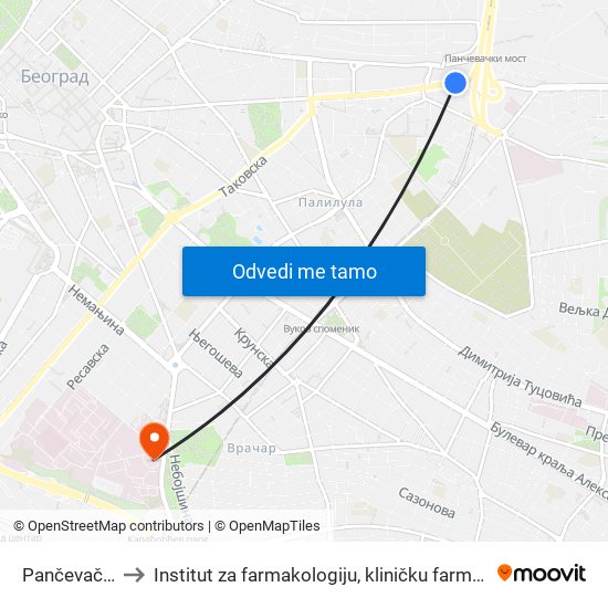 Pančevački Most to Institut za farmakologiju, kliničku farmakologiju i toksikologiju map