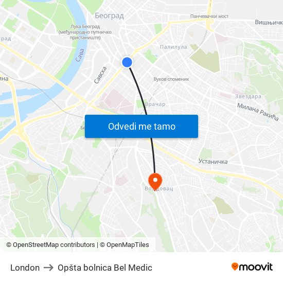 London to Opšta bolnica Bel Medic map