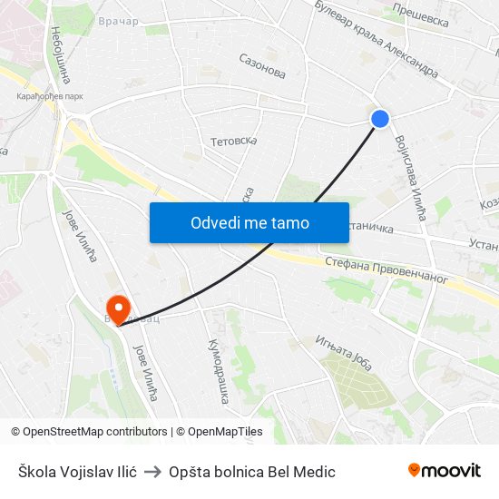 Škola Vojislav Ilić to Opšta bolnica Bel Medic map