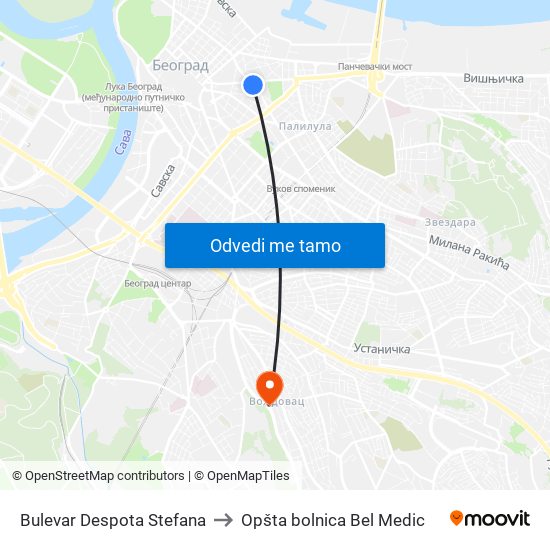 Bulevar Despota Stefana to Opšta bolnica Bel Medic map