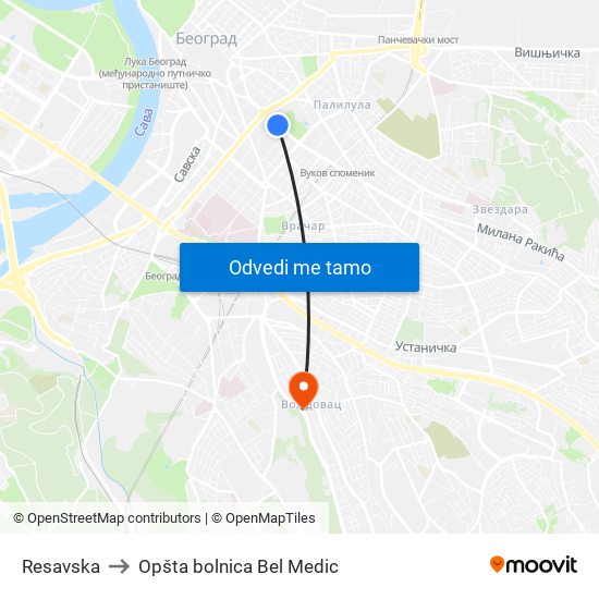 Resavska to Opšta bolnica Bel Medic map