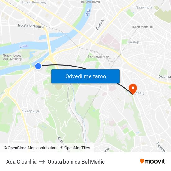 Ada Ciganlija to Opšta bolnica Bel Medic map