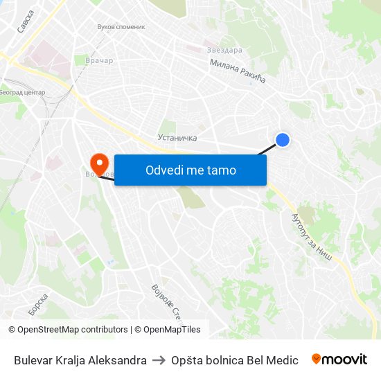 Bulevar Kralja Aleksandra to Opšta bolnica Bel Medic map