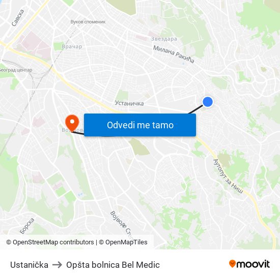 Ustanička to Opšta bolnica Bel Medic map