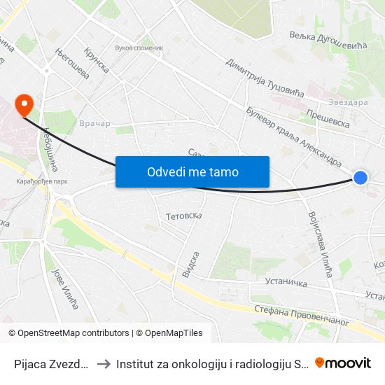 Pijaca Zvezdara to Institut za onkologiju i radiologiju Srbije map