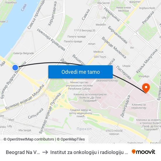 Beograd Na Vodi to Institut za onkologiju i radiologiju Srbije map