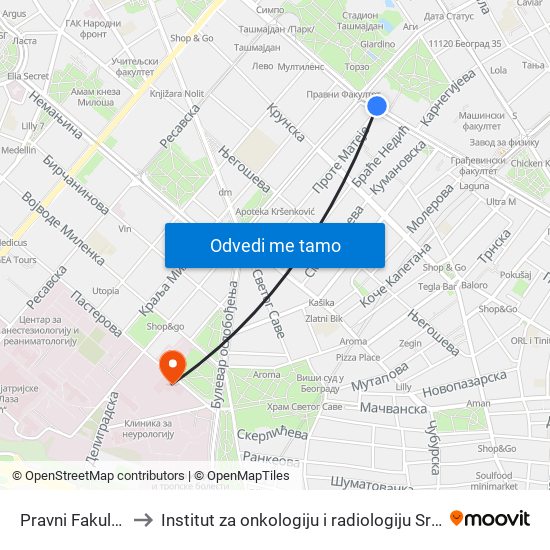 Pravni Fakultet to Institut za onkologiju i radiologiju Srbije map