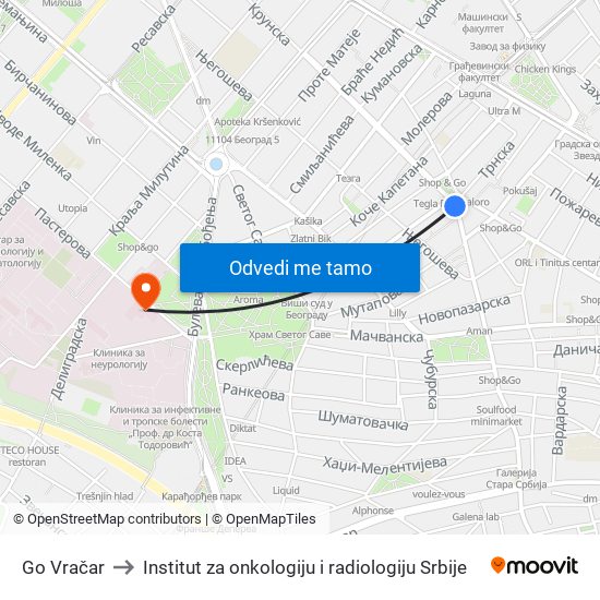 Go Vračar to Institut za onkologiju i radiologiju Srbije map