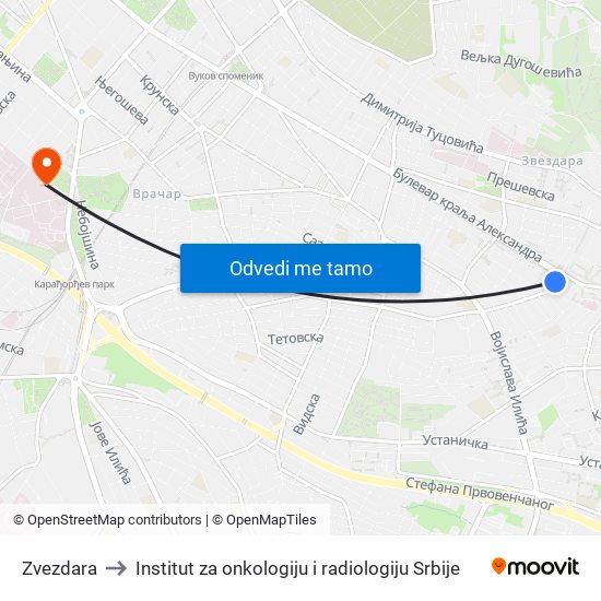 Zvezdara to Institut za onkologiju i radiologiju Srbije map