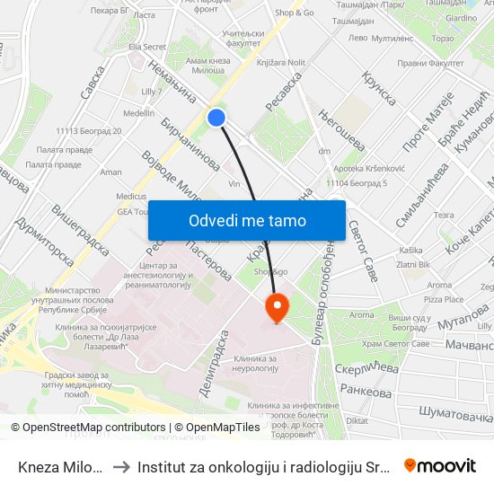 Kneza Miloša to Institut za onkologiju i radiologiju Srbije map