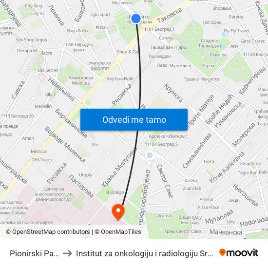 Pionirski Park to Institut za onkologiju i radiologiju Srbije map