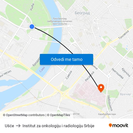 Ušće to Institut za onkologiju i radiologiju Srbije map