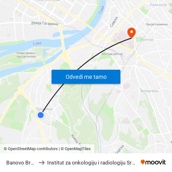 Banovo Brdo to Institut za onkologiju i radiologiju Srbije map