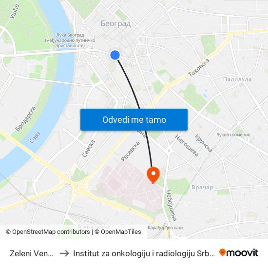 Zeleni Venac to Institut za onkologiju i radiologiju Srbije map