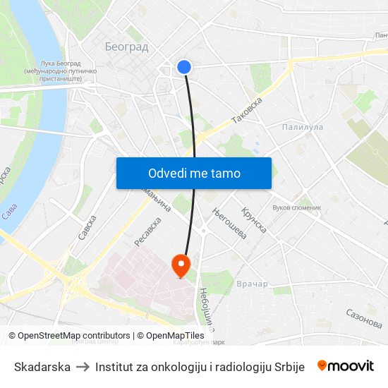 Skadarska to Institut za onkologiju i radiologiju Srbije map