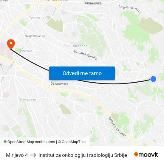 Mirijevo 4 to Institut za onkologiju i radiologiju Srbije map