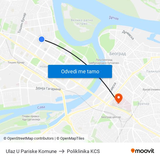 Ulaz U Pariske Komune to Poliklinika KCS map