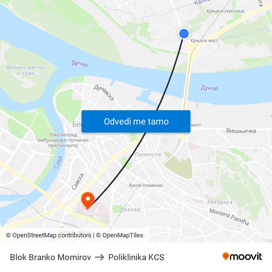 Blok Branko Momirov to Poliklinika KCS map