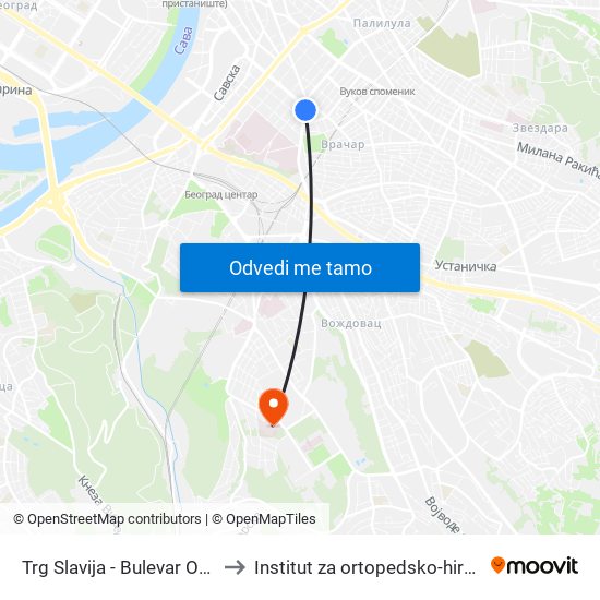 Trg Slavija - Bulevar Oslobođenja to Institut za ortopedsko-hirurške bolesti map