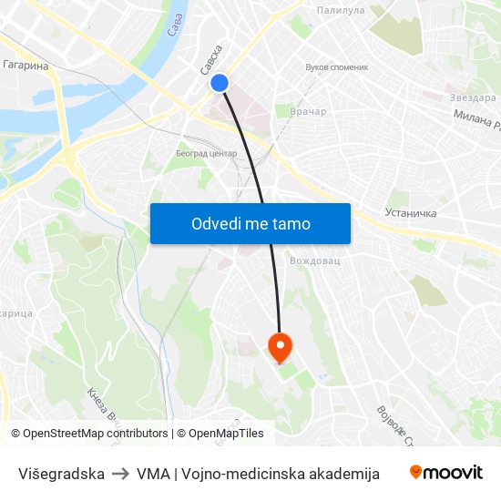 Višegradska to VMA | Vojno-medicinska akademija map