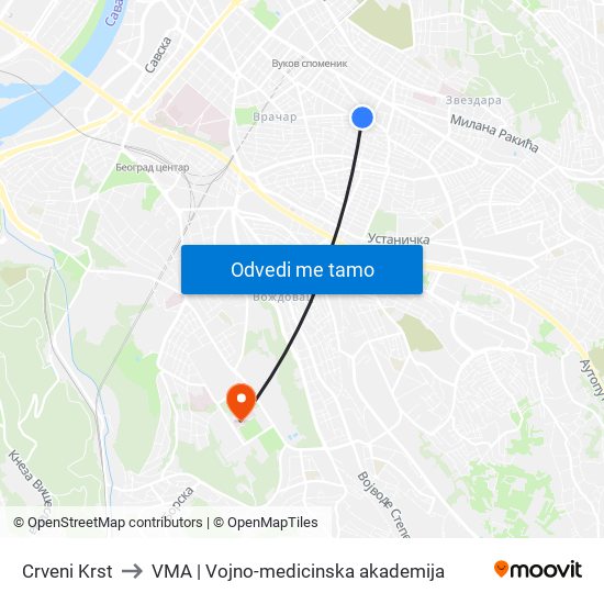 Crveni Krst to VMA | Vojno-medicinska akademija map