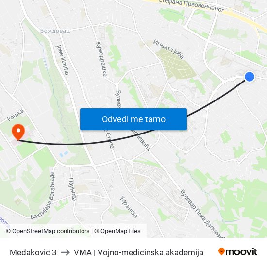 Medaković 3 to VMA | Vojno-medicinska akademija map