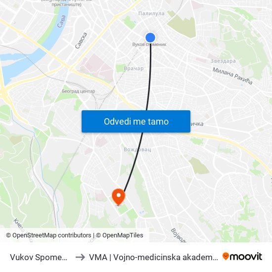 Vukov Spomenik to VMA | Vojno-medicinska akademija map