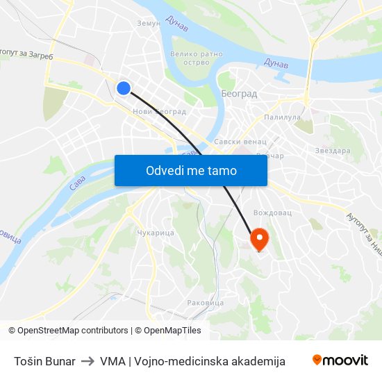 Tošin Bunar to VMA | Vojno-medicinska akademija map